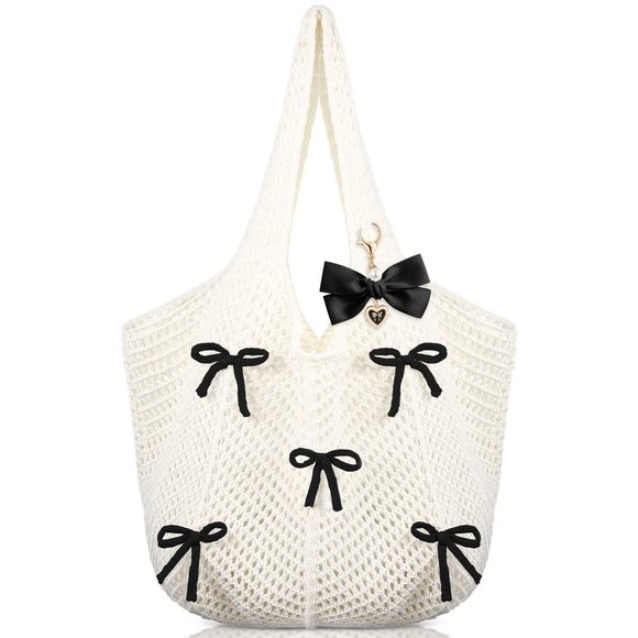 Cute Crochet Tote Beach Bag Coquette Bow Tote Bag With Bow Charm :') - Picture 1 of 6